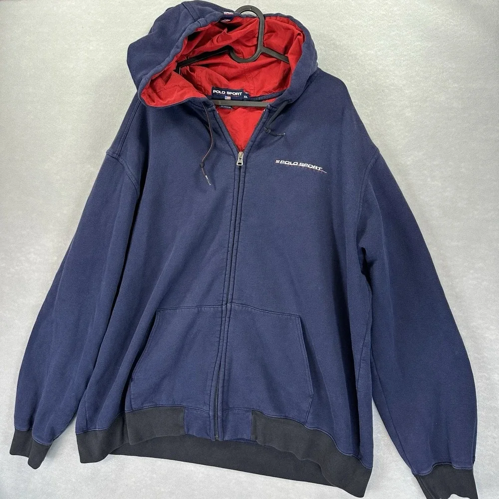 Vtg 90s Polo Sport Ralph Lauren Zip Up Hoodie XXL Navy Red Nylon Hooded Jacket